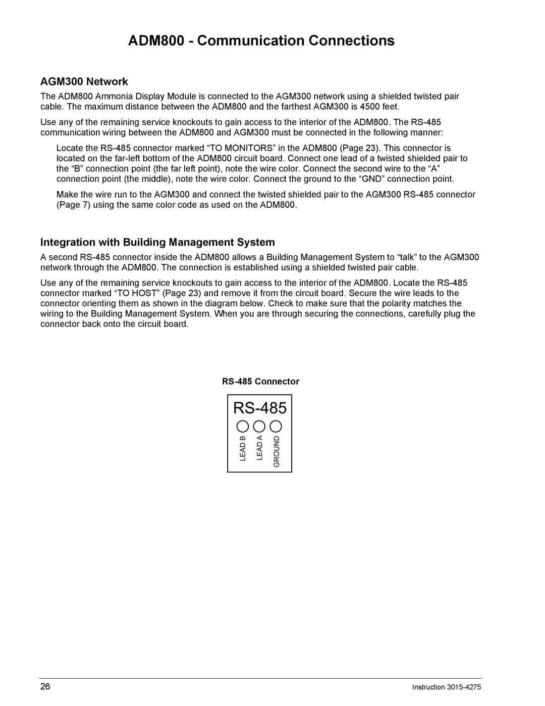 Bacharach manual ADM800 Communication Connections, AGM300 Network, Integration with Building Management System 