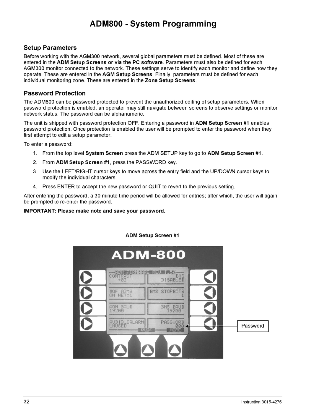 Bacharach AGM300 manual ADM800 System Programming, Setup Parameters, Password Protection 