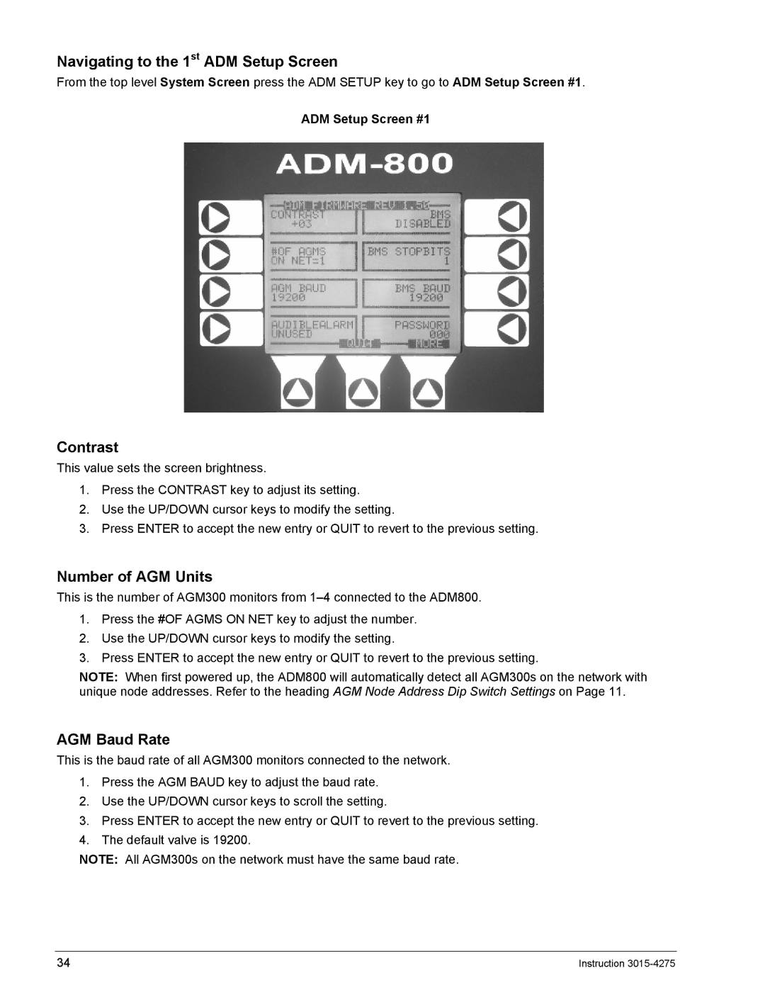 Bacharach ADM800, AGM300 manual Navigating to the 1st ADM Setup Screen, Contrast, Number of AGM Units, AGM Baud Rate 