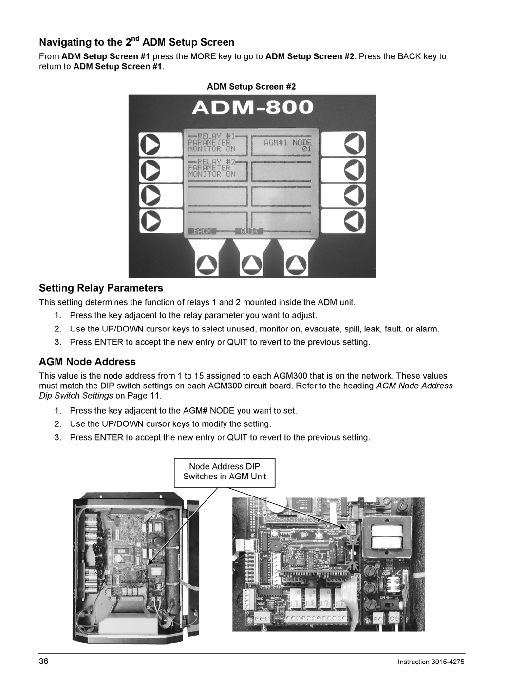 Bacharach ADM800 Navigating to the 2nd ADM Setup Screen, Setting Relay Parameters, AGM Node Address, ADM Setup Screen #2 