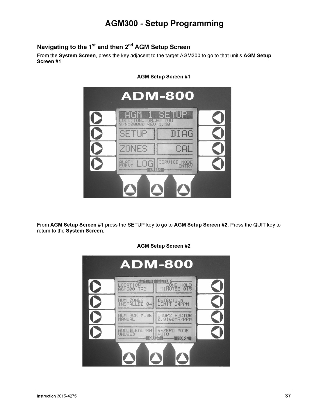 Bacharach AGM300 Setup Programming, Navigating to the 1st and then 2nd AGM Setup Screen, Screen #1 AGM Setup Screen #1 