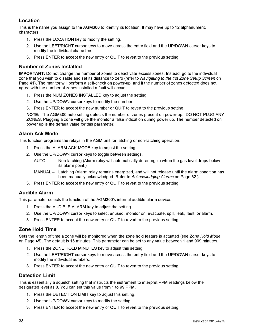Bacharach ADM800, AGM300 manual Location, Number of Zones Installed, Alarm Ack Mode, Zone Hold Time, Detection Limit 