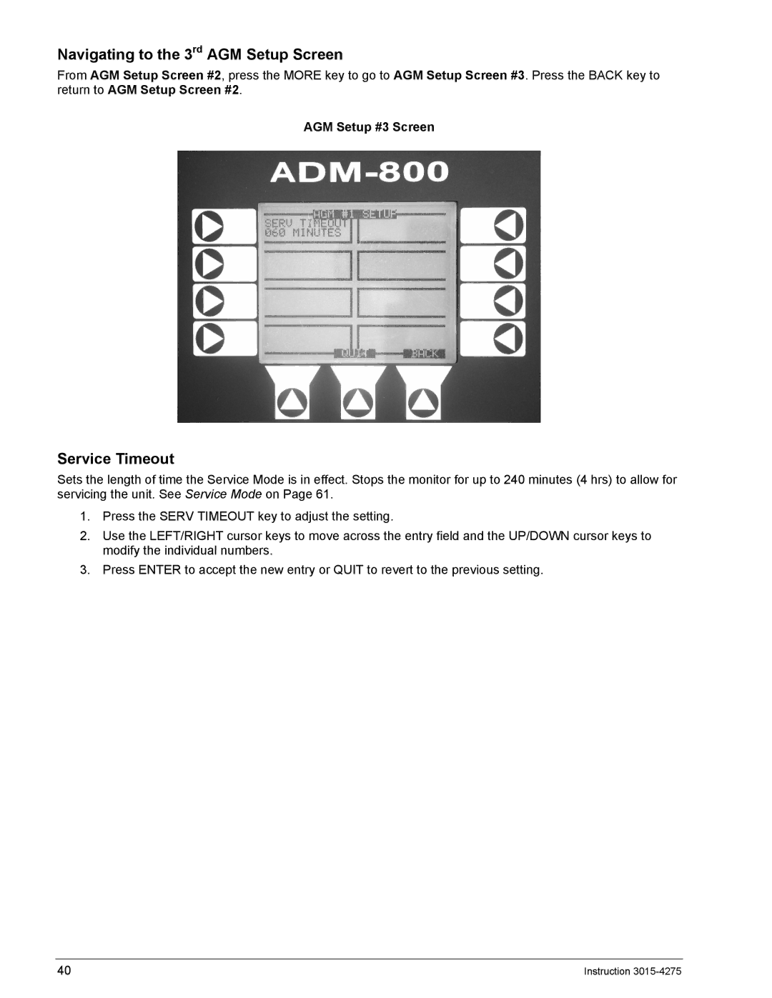 Bacharach ADM800, AGM300 manual Navigating to the 3rd AGM Setup Screen, Service Timeout, AGM Setup #3 Screen 