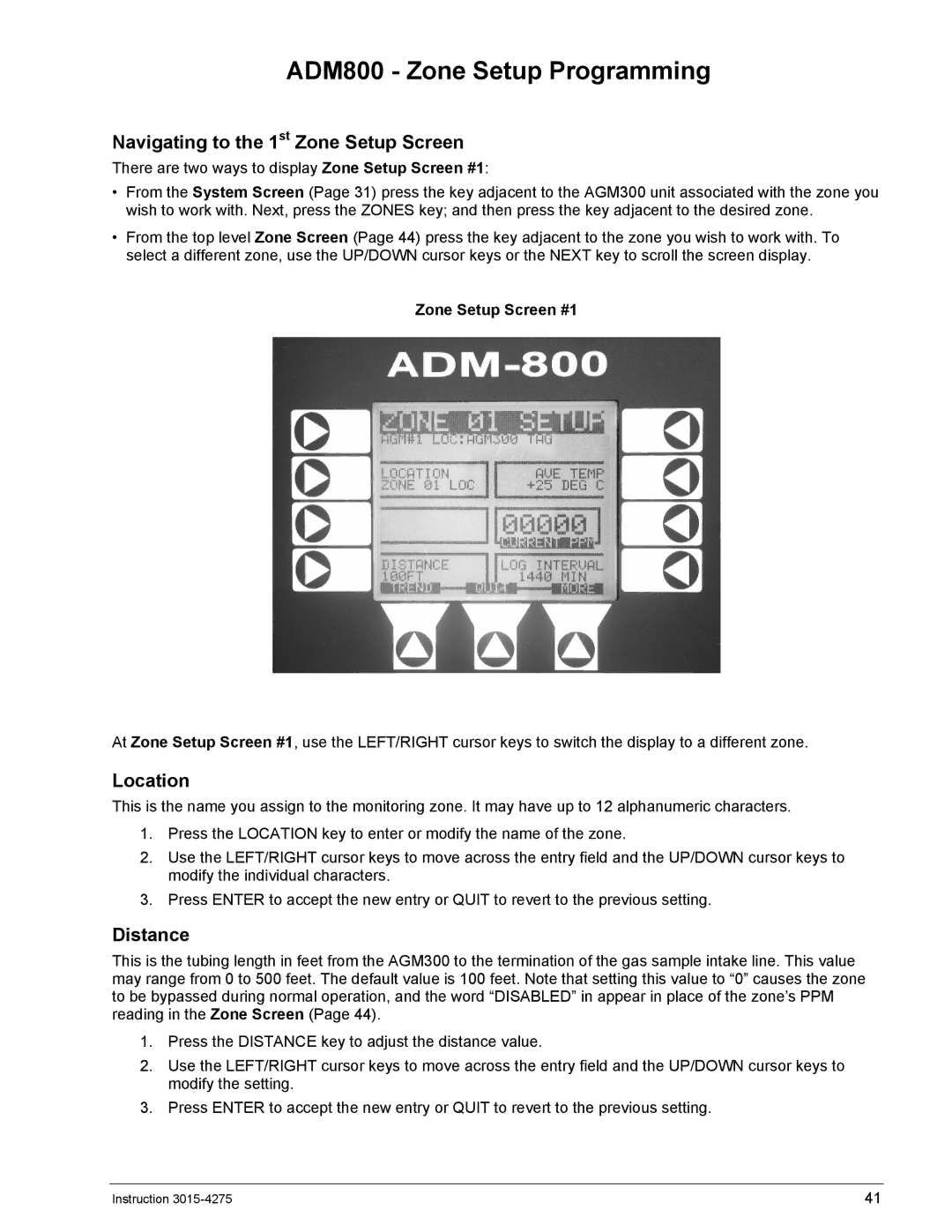 Bacharach AGM300 ADM800 Zone Setup Programming, Navigating to the 1st Zone Setup Screen, Distance, Zone Setup Screen #1 