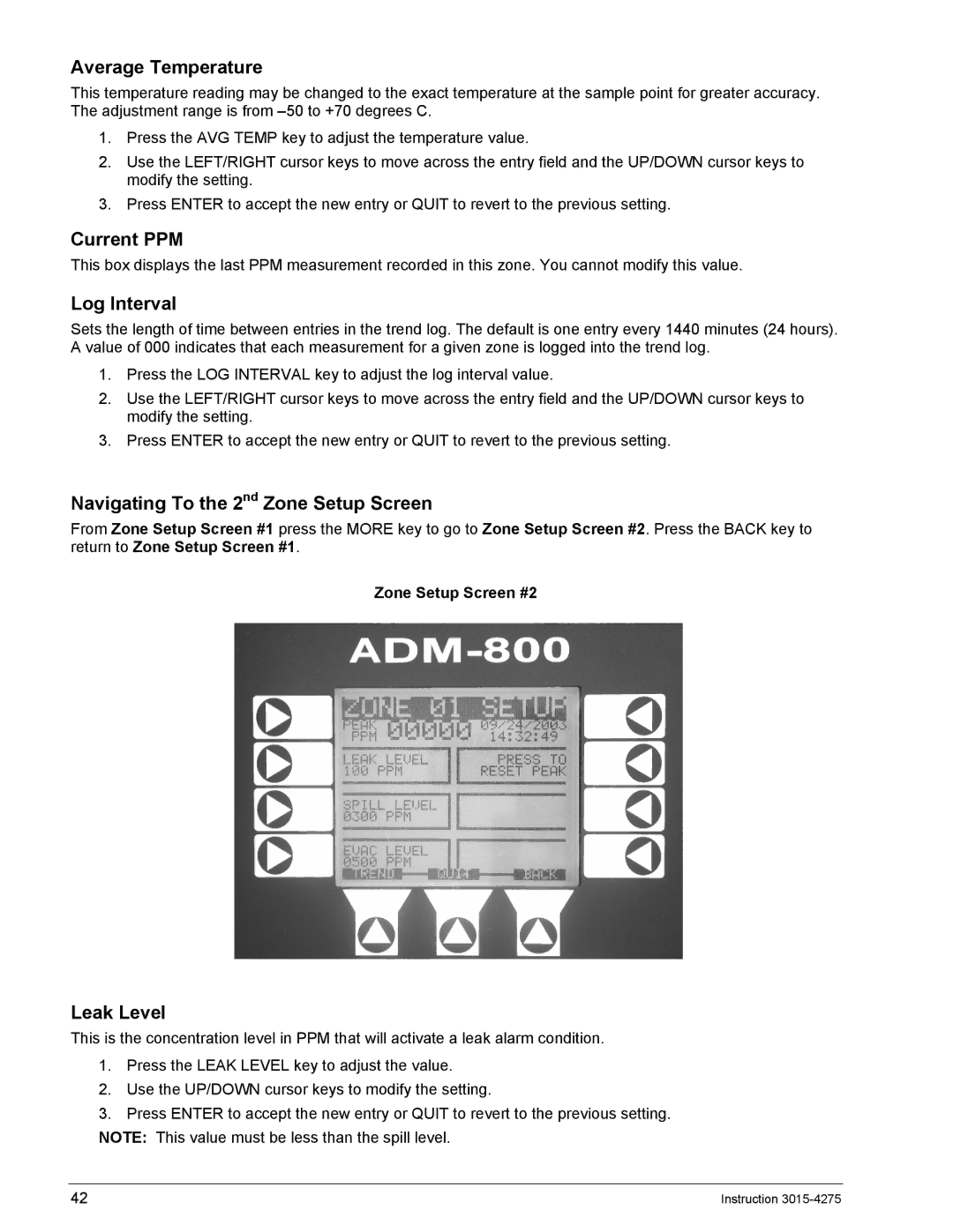 Bacharach ADM800 manual Average Temperature, Current PPM, Log Interval, Navigating To the 2nd Zone Setup Screen, Leak Level 