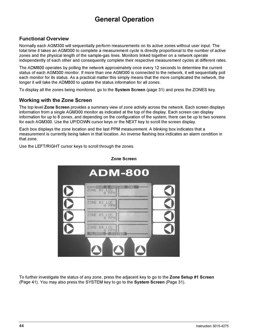 Bacharach ADM800, AGM300 manual General Operation, Functional Overview, Working with the Zone Screen 