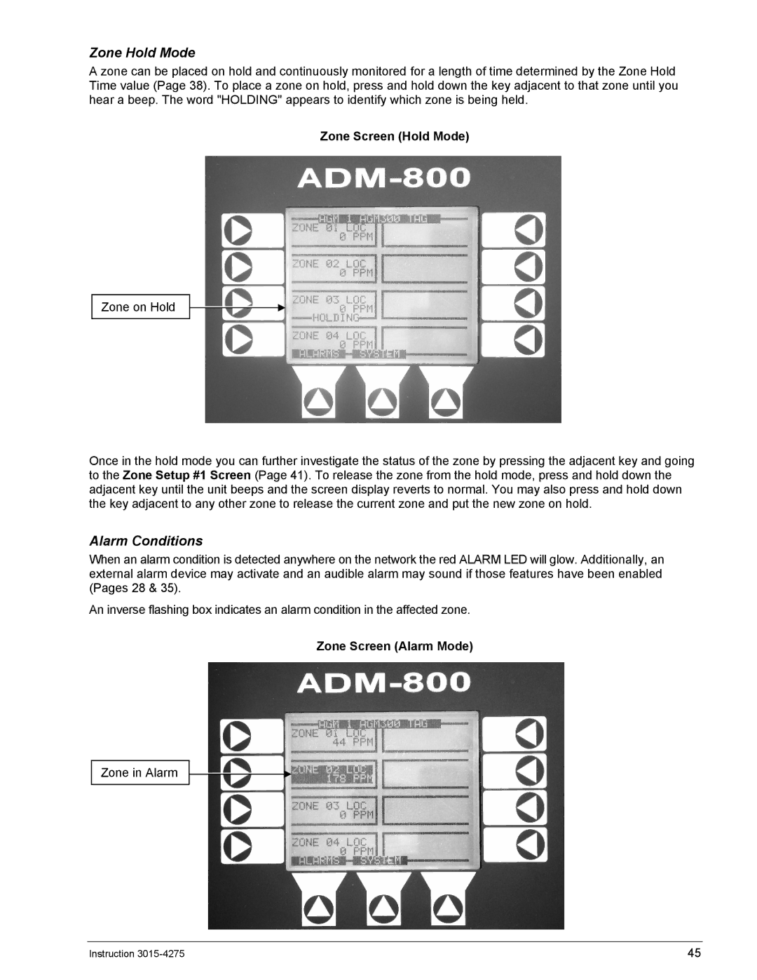 Bacharach AGM300, ADM800 manual Zone Screen Hold Mode, Zone Screen Alarm Mode 