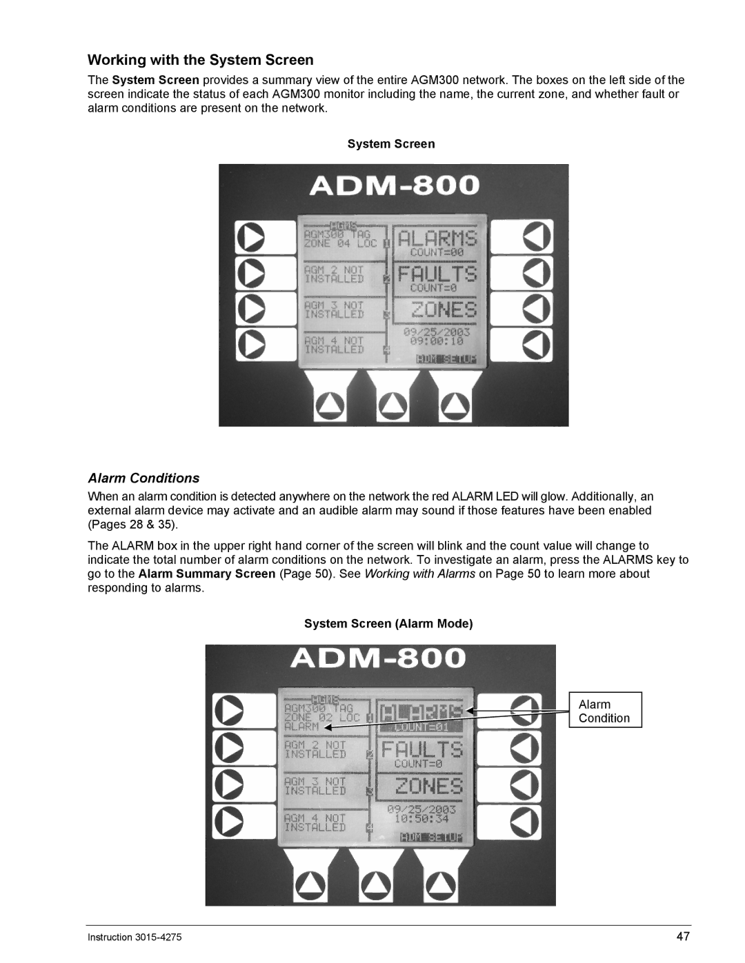 Bacharach AGM300, ADM800 manual Working with the System Screen, System Screen Alarm Mode 