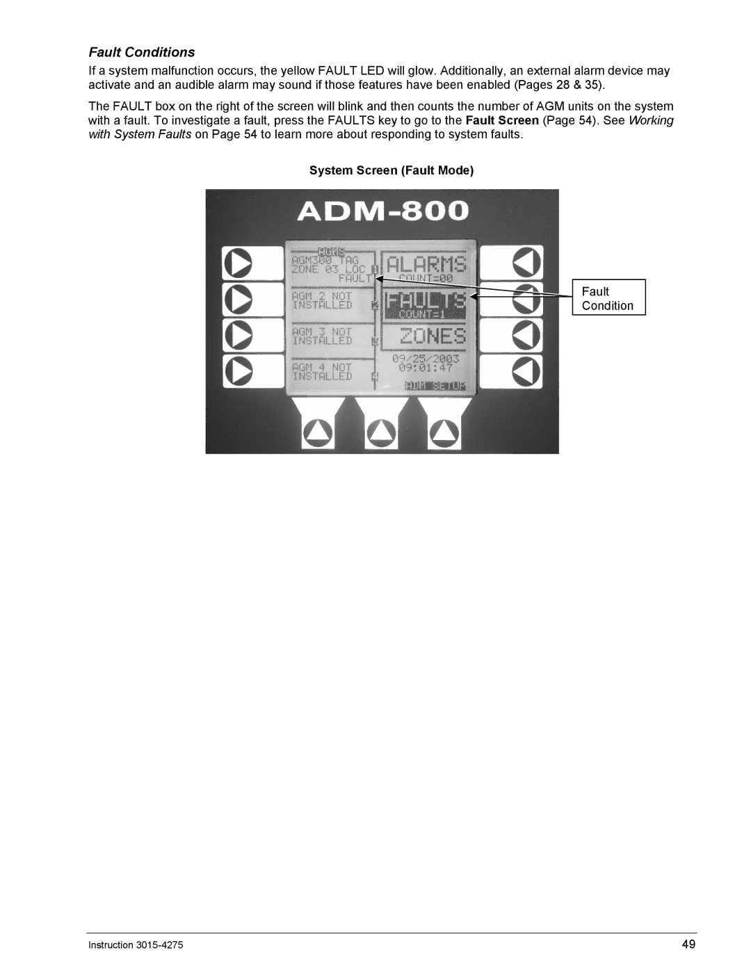 Bacharach AGM300, ADM800 manual System Screen Fault Mode 