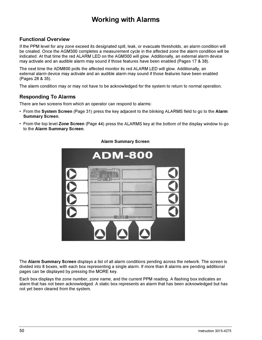 Bacharach ADM800, AGM300 manual Working with Alarms, Responding To Alarms, Alarm Summary Screen 