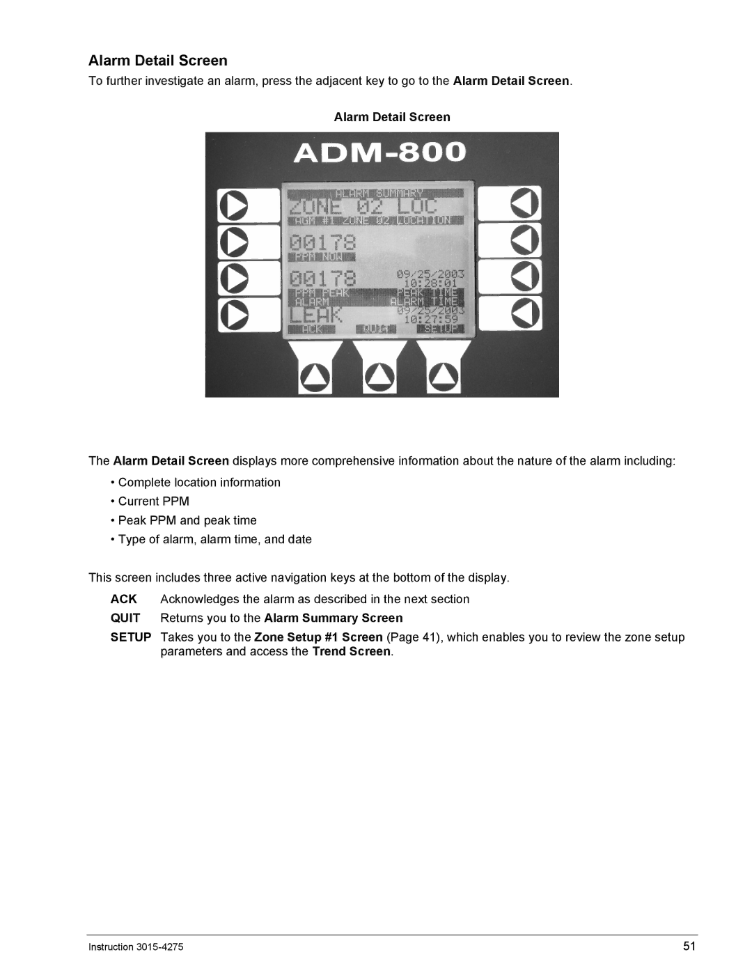 Bacharach AGM300, ADM800 manual Alarm Detail Screen 