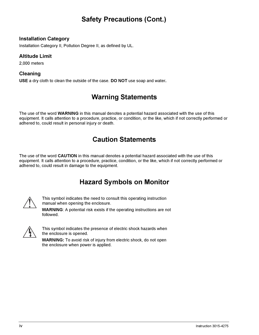 Bacharach ADM800, AGM300 manual Hazard Symbols on Monitor, Installation Category, Altitude Limit, Cleaning 