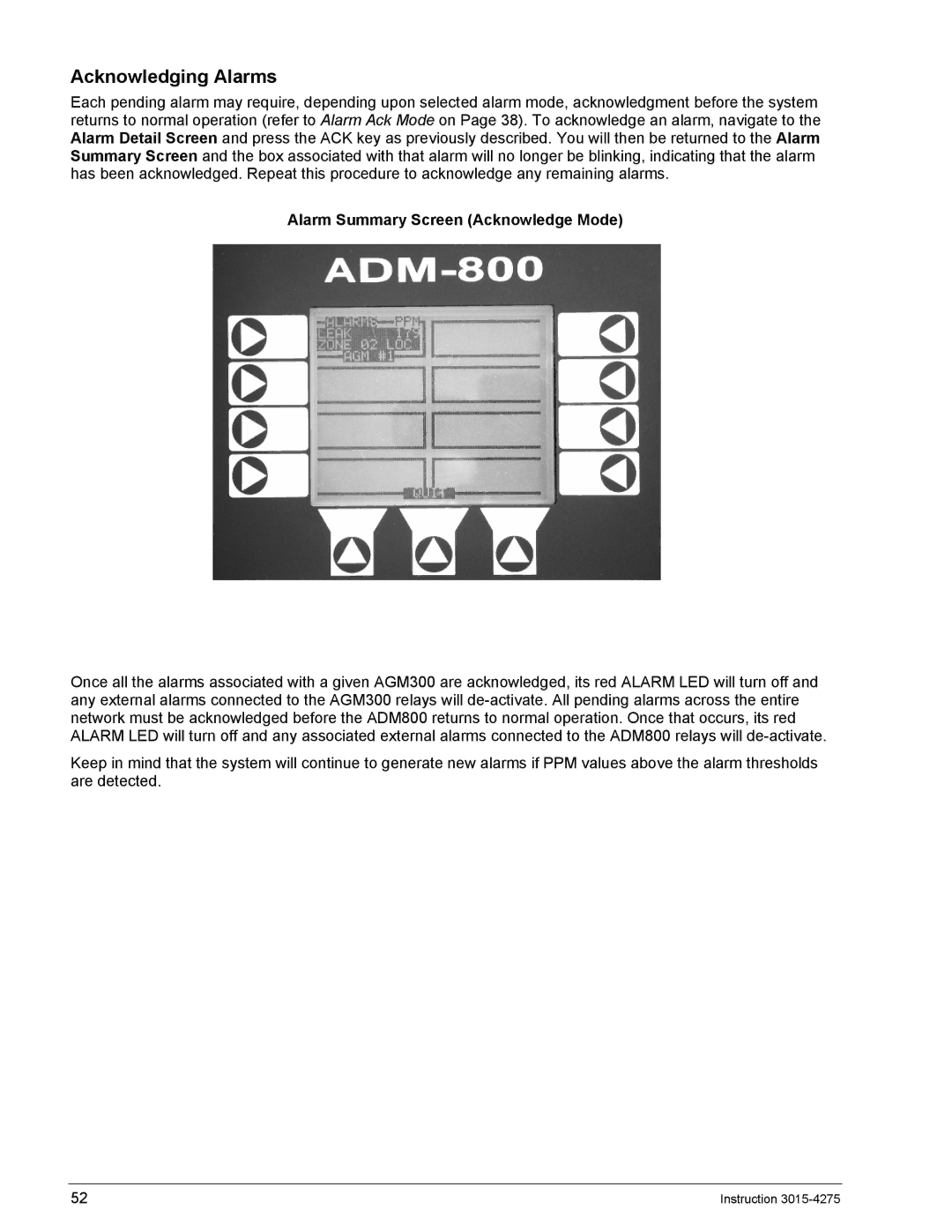 Bacharach ADM800, AGM300 manual Acknowledging Alarms, Alarm Summary Screen Acknowledge Mode 