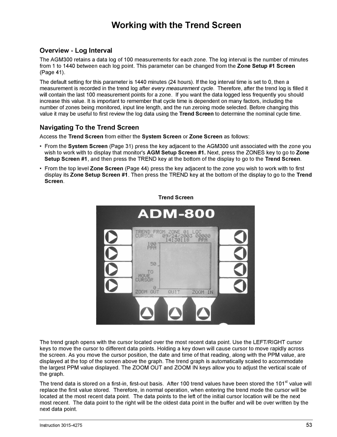 Bacharach AGM300, ADM800 manual Working with the Trend Screen, Overview Log Interval, Navigating To the Trend Screen 