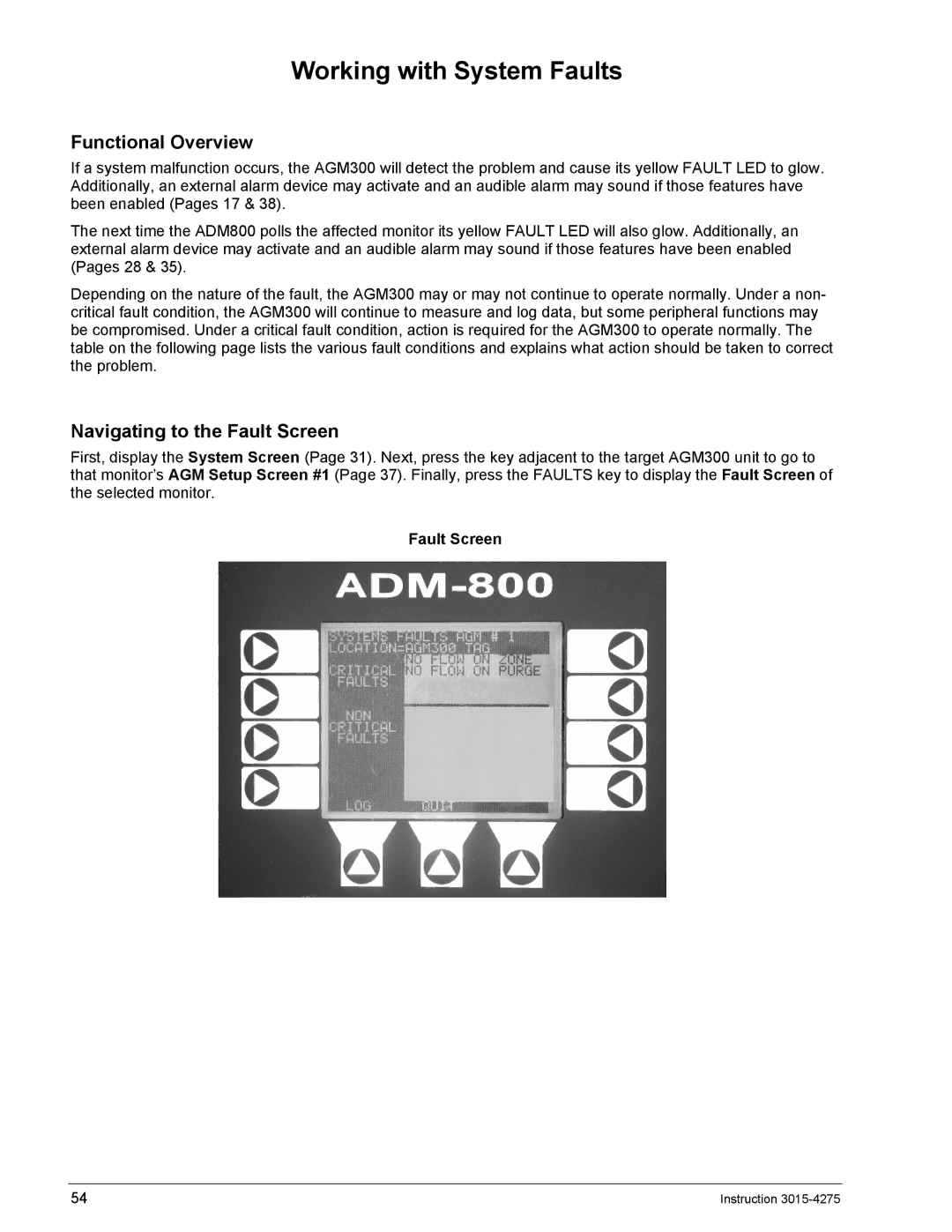 Bacharach ADM800, AGM300 manual Working with System Faults, Navigating to the Fault Screen 