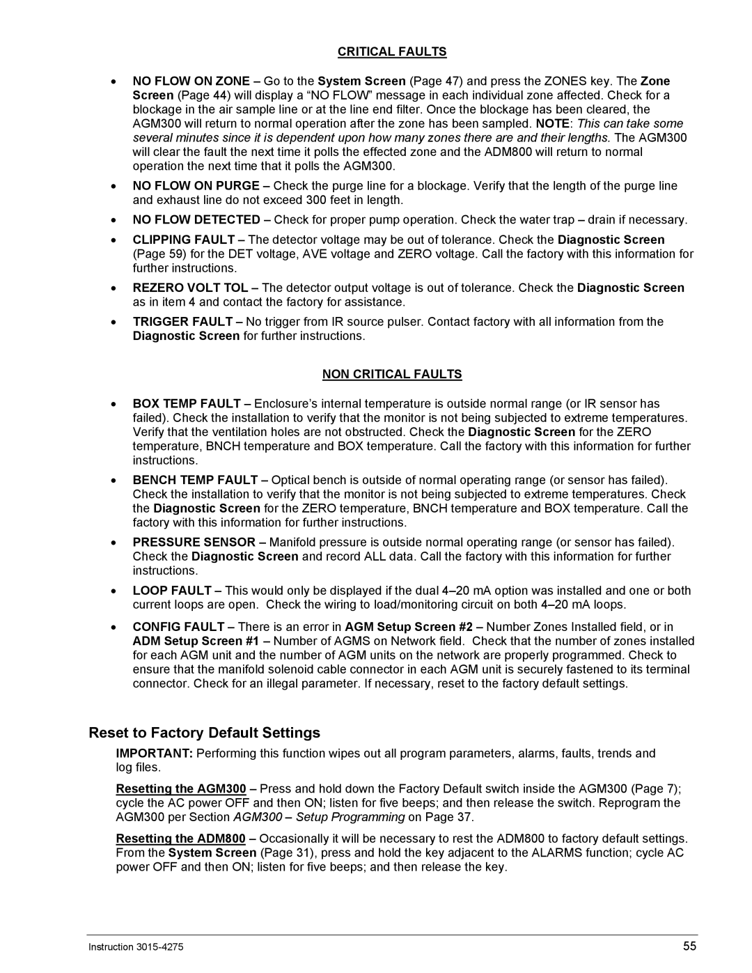 Bacharach AGM300, ADM800 manual Reset to Factory Default Settings, Critical Faults 
