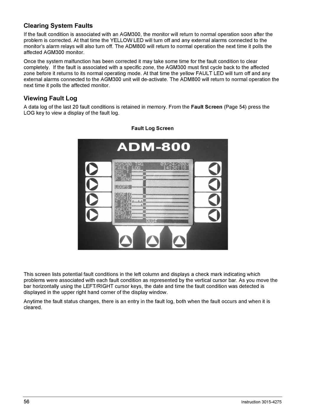 Bacharach ADM800, AGM300 manual Clearing System Faults, Viewing Fault Log, Fault Log Screen 