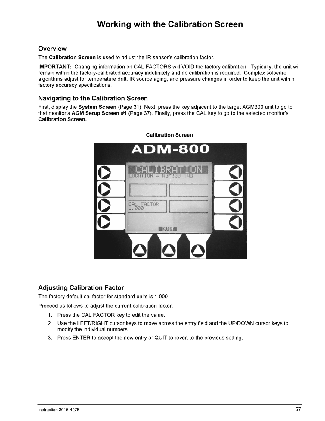 Bacharach AGM300 Working with the Calibration Screen, Navigating to the Calibration Screen, Adjusting Calibration Factor 