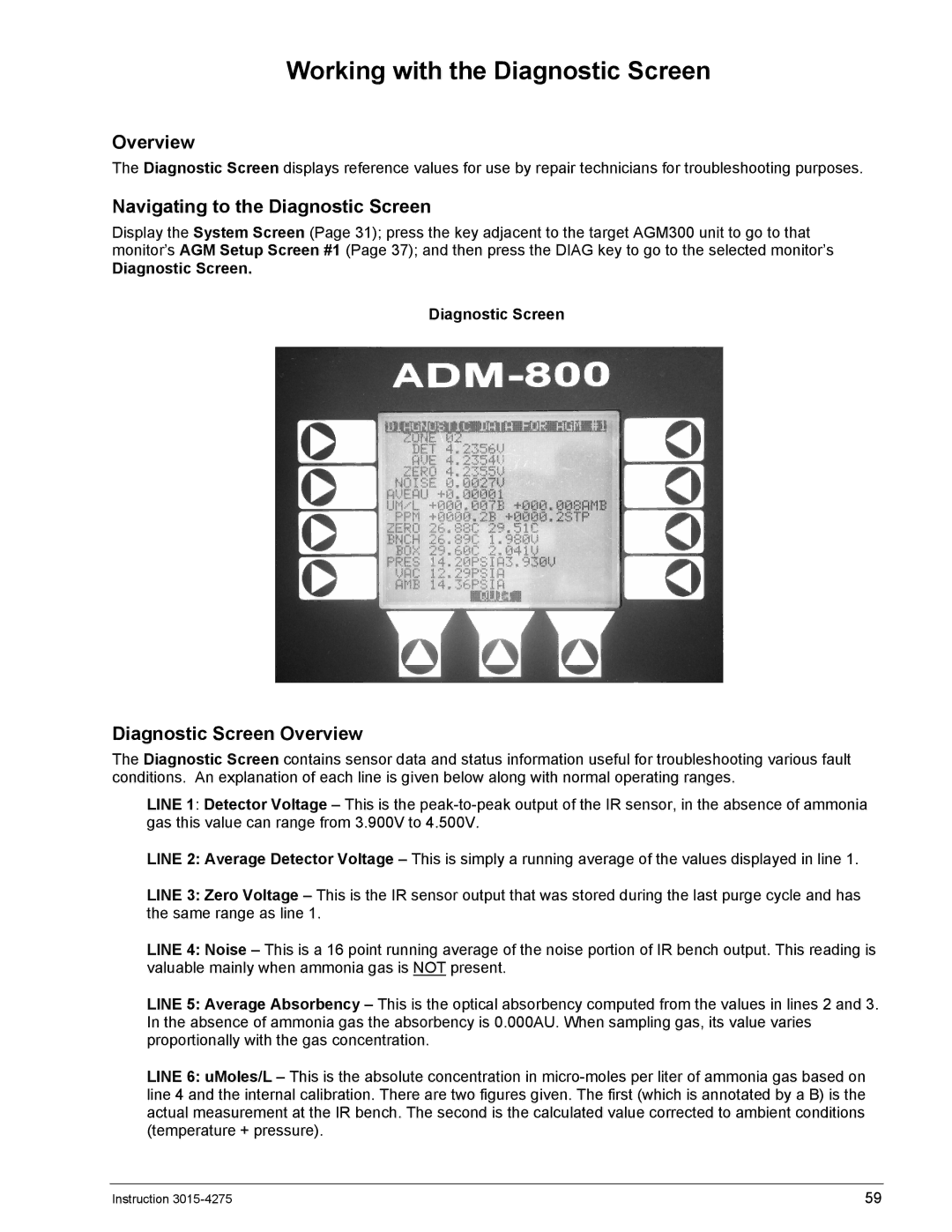 Bacharach AGM300 manual Working with the Diagnostic Screen, Navigating to the Diagnostic Screen, Diagnostic Screen Overview 