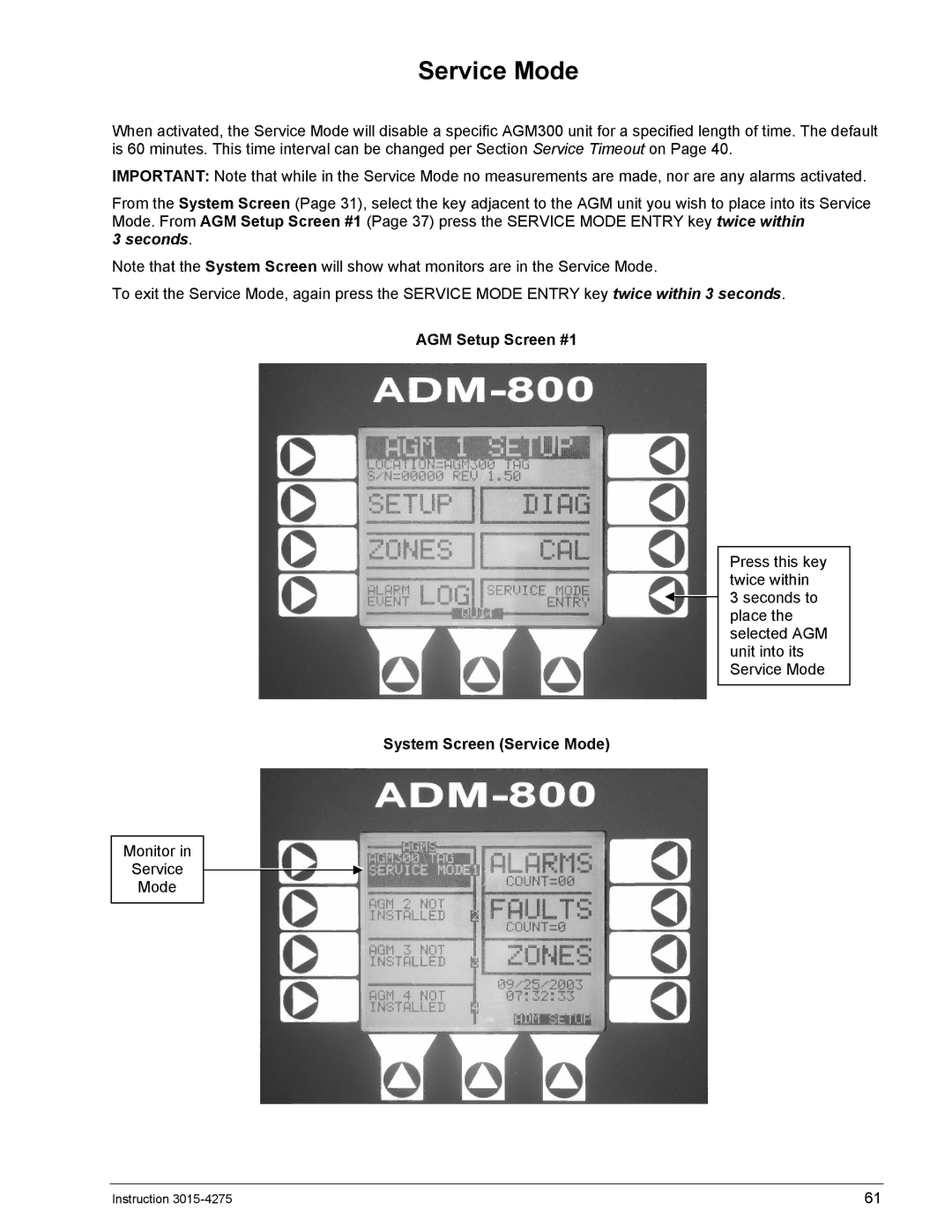 Bacharach AGM300, ADM800 manual System Screen Service Mode 