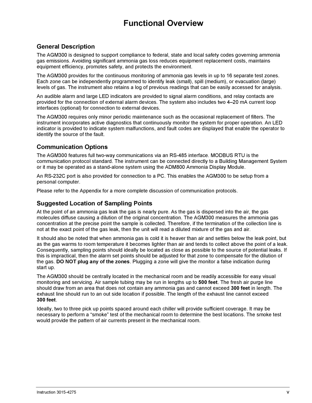 Bacharach AGM300 Functional Overview, General Description, Communication Options, Suggested Location of Sampling Points 