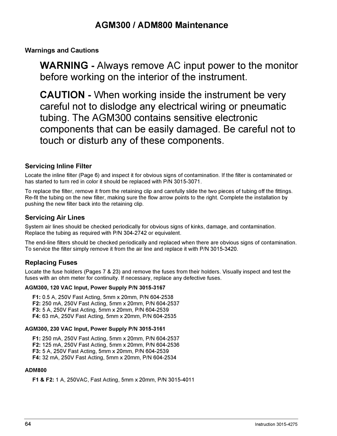 Bacharach manual AGM300 / ADM800 Maintenance, Servicing Inline Filter, Servicing Air Lines, Replacing Fuses 