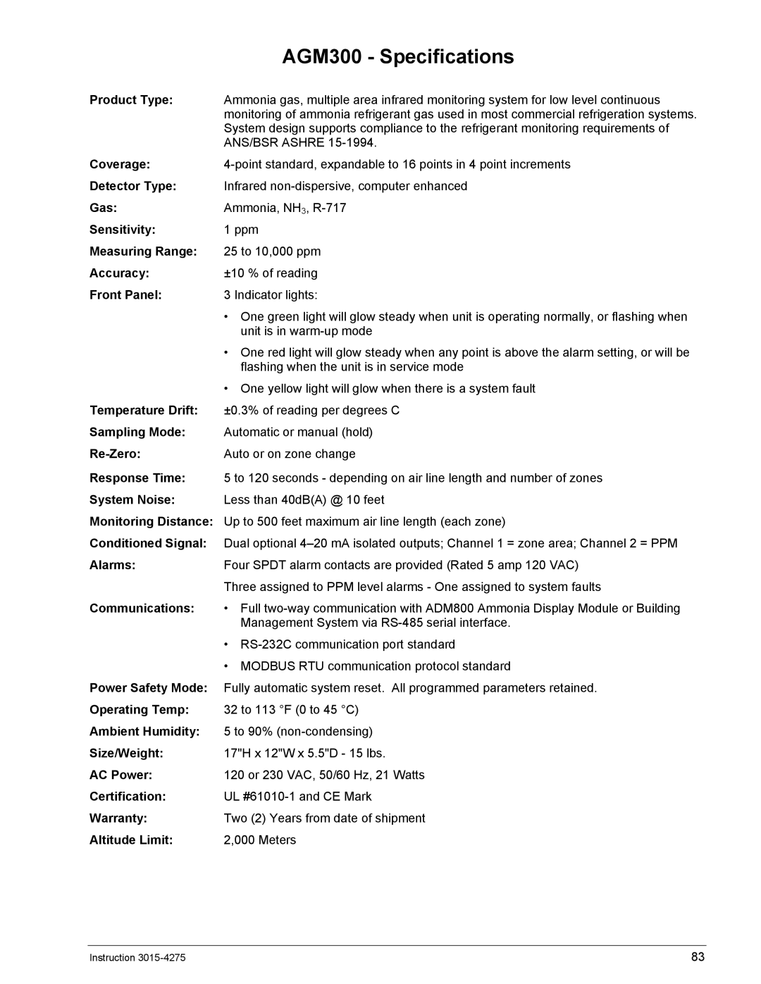 Bacharach ADM800 manual AGM300 Specifications 