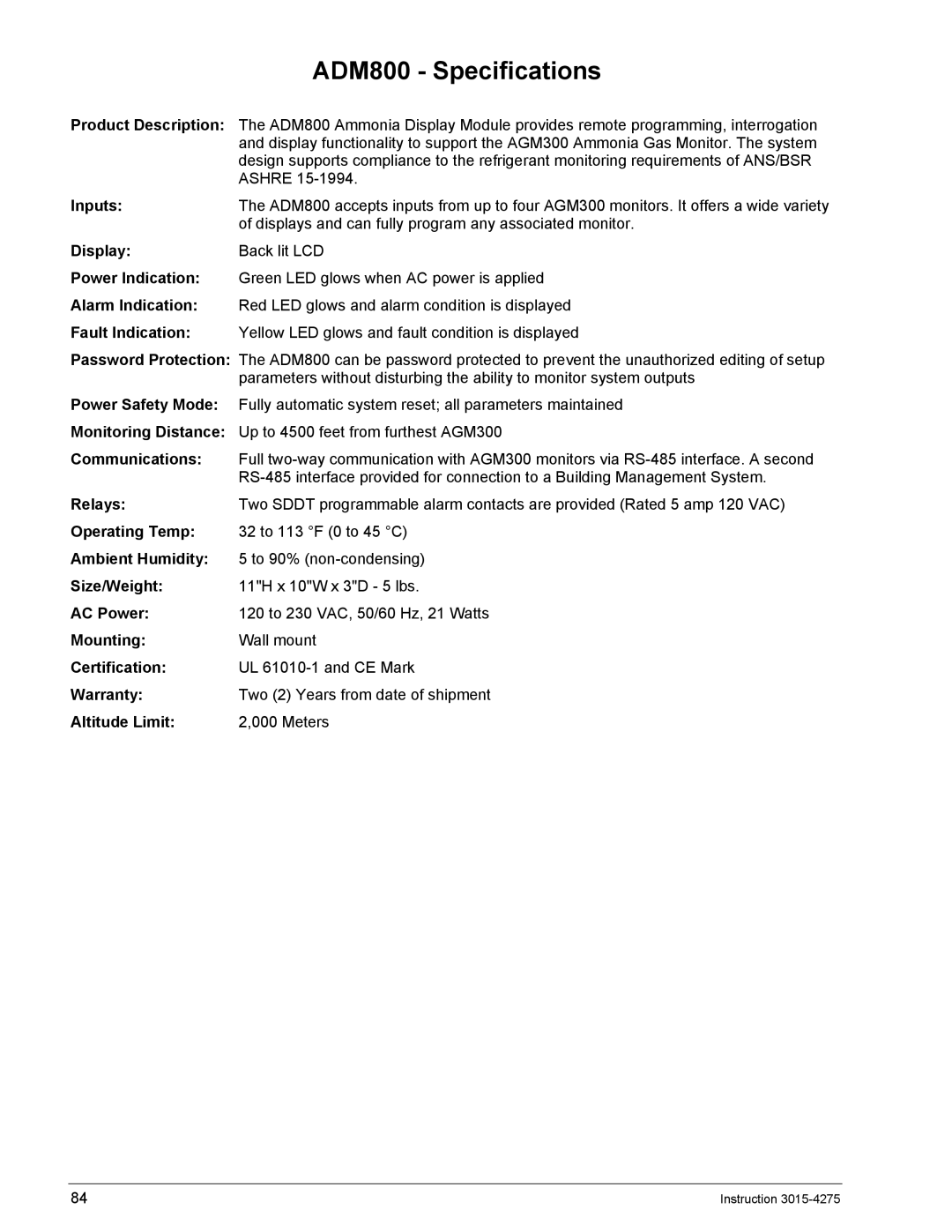 Bacharach AGM300 manual ADM800 Specifications 