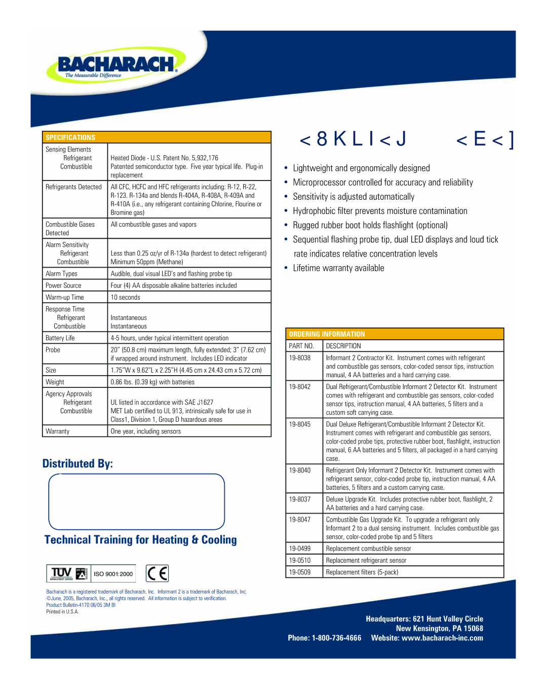 Bacharach Dual Purpose Leak Detector manual Specifications, Ordering Information 