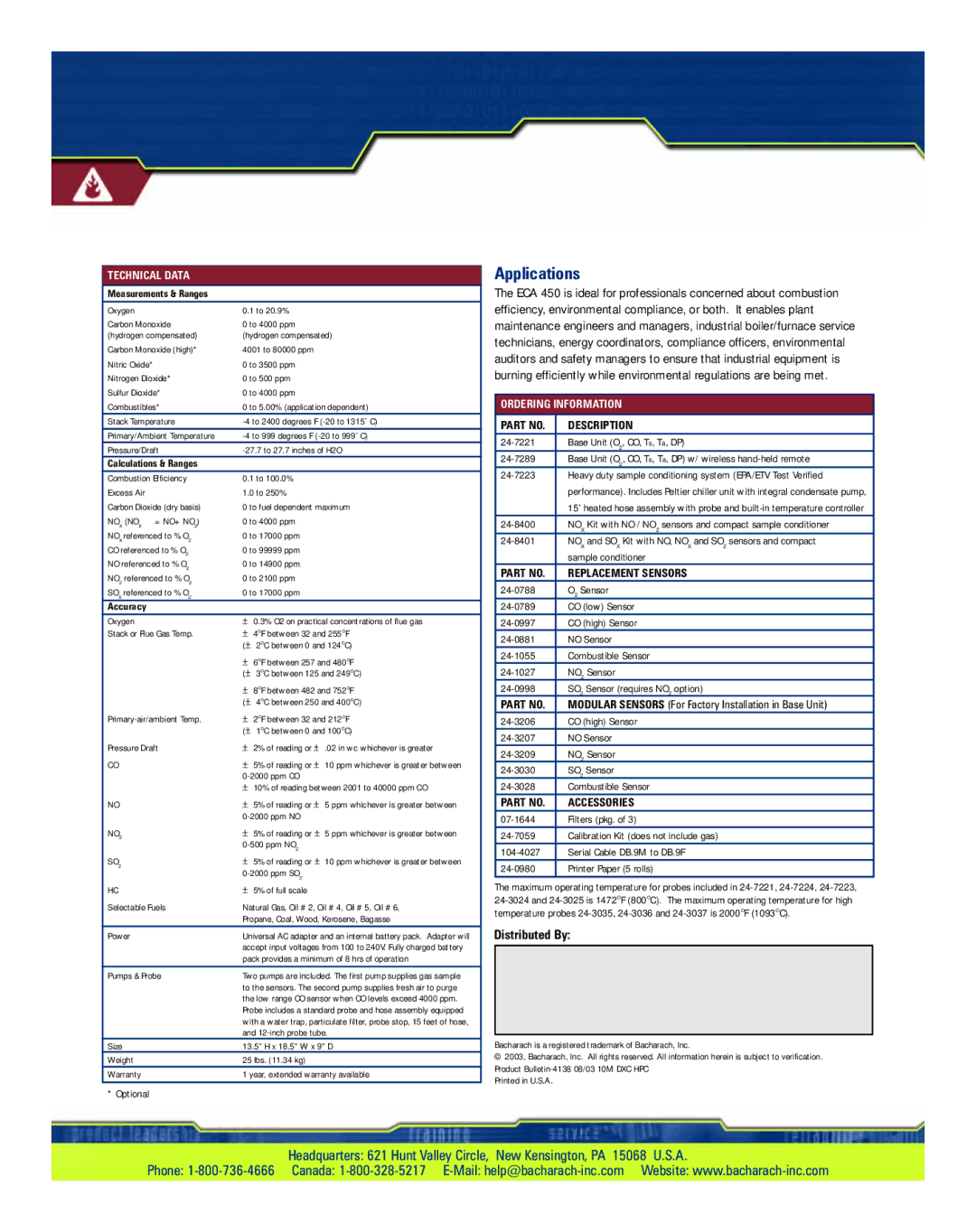 Bacharach ECA 450 manual Description, Replacement Sensors, Accessories 