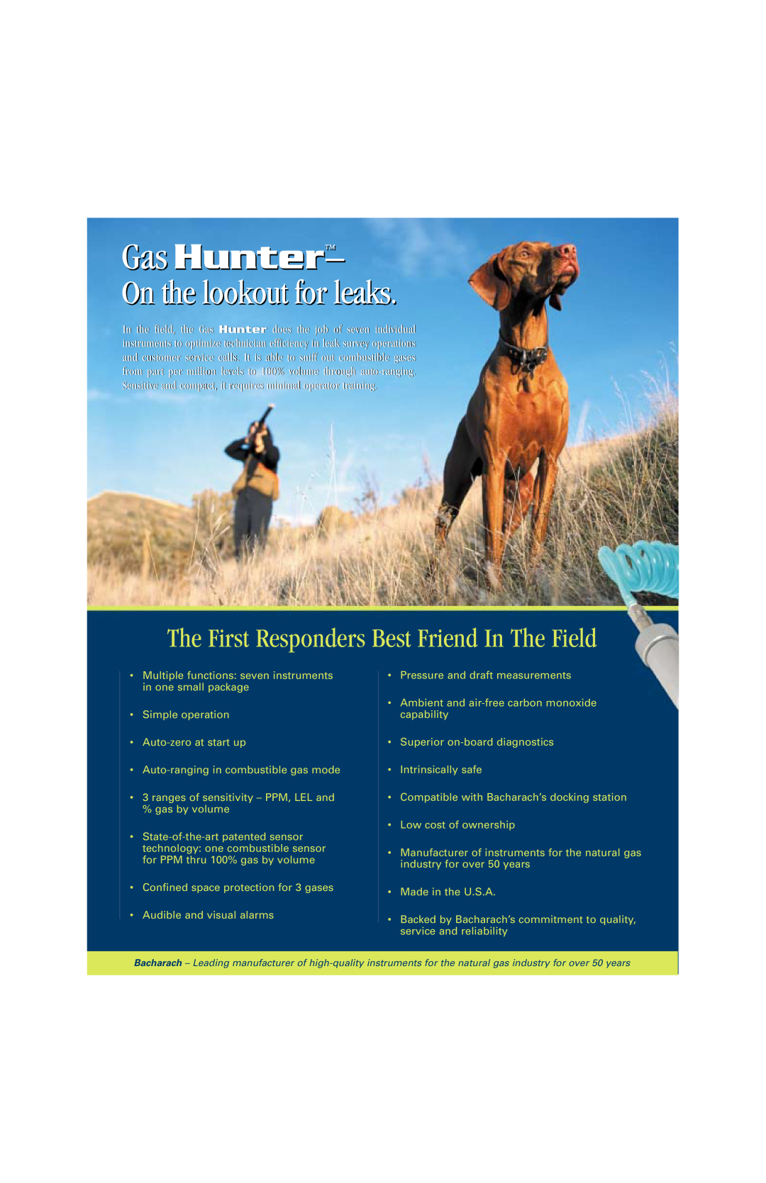 Bacharach Gas Leak Detection manual Gas Hunter, On the lookout for leaks, The First Responders Best Friend In The Field 
