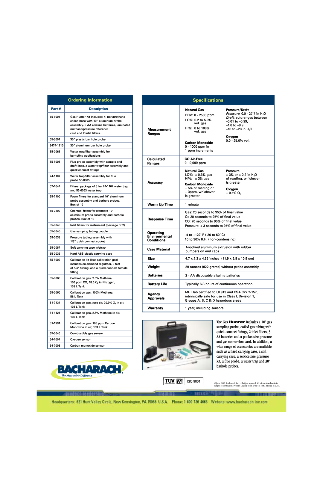 Bacharach Gas Leak Detection manual Specifications, Ordering Information, Description 