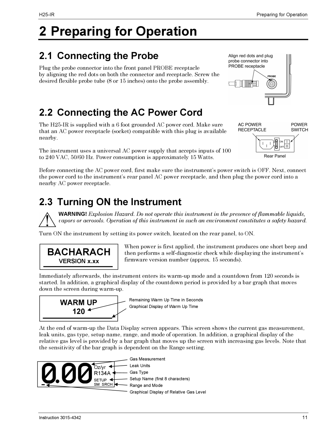 Bacharach H25-IR Preparing for Operation, Connecting the Probe, Connecting the AC Power Cord, Turning on the Instrument 