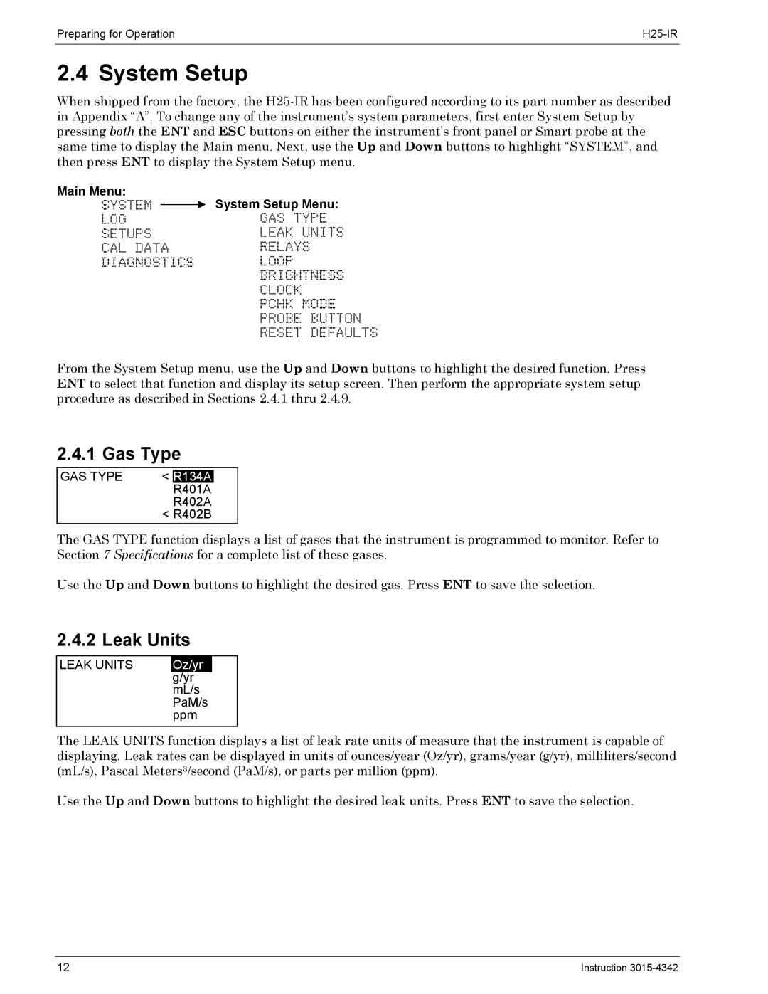 Bacharach H25-IR manual Gas Type, Leak Units, Main Menu System Setup Menu 