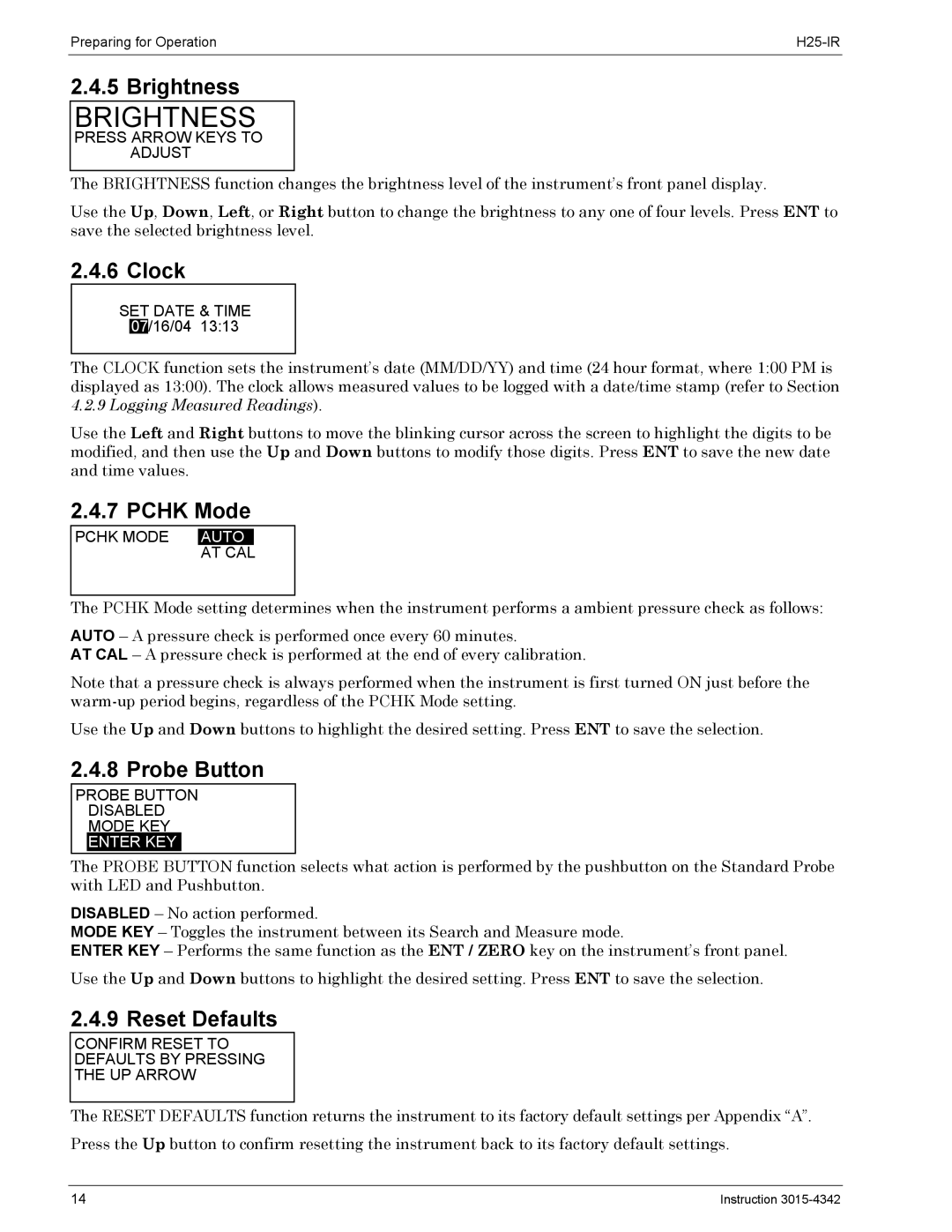 Bacharach H25-IR manual Brightness, Clock, Pchk Mode, Probe Button, Reset Defaults 