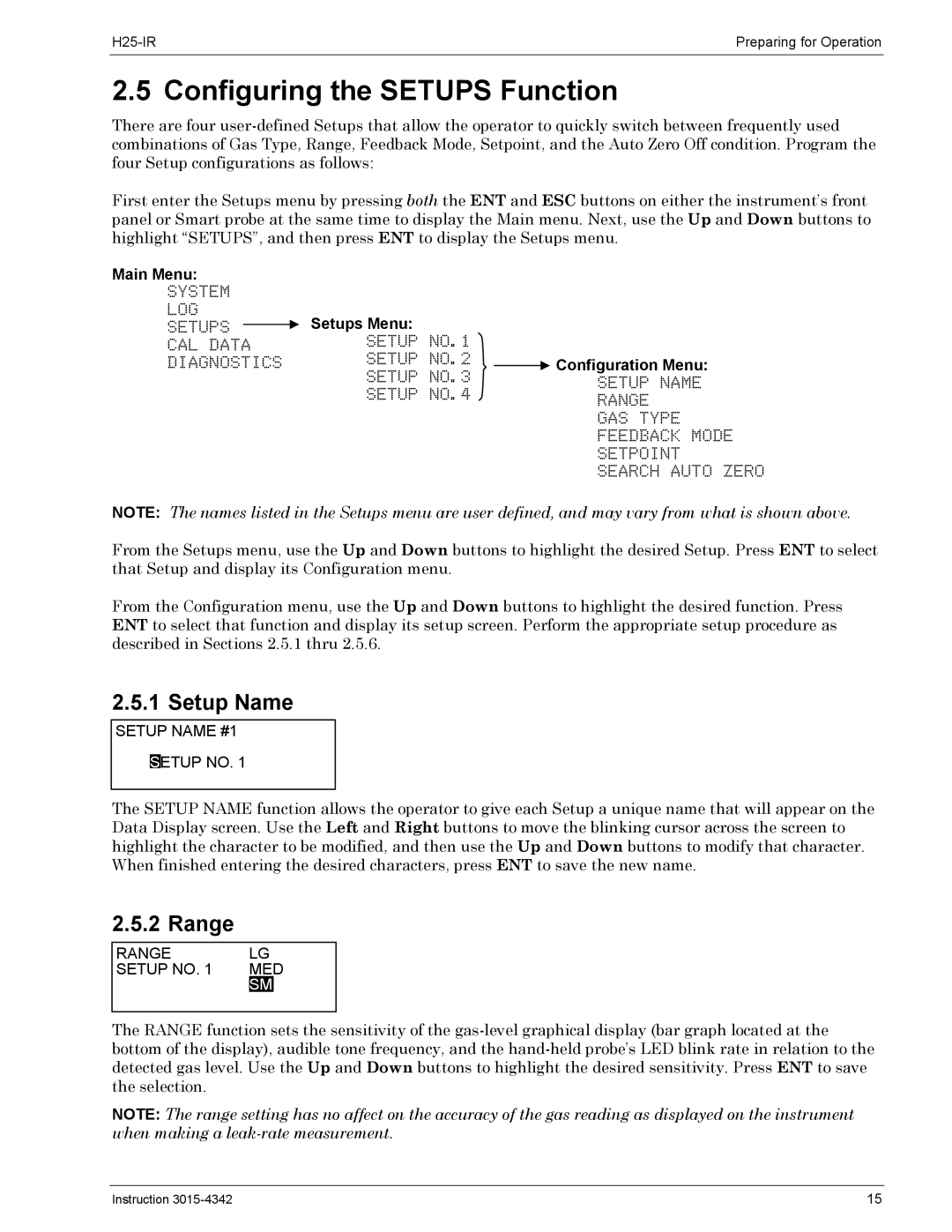 Bacharach H25-IR manual Configuring the Setups Function, Setup Name, Range 