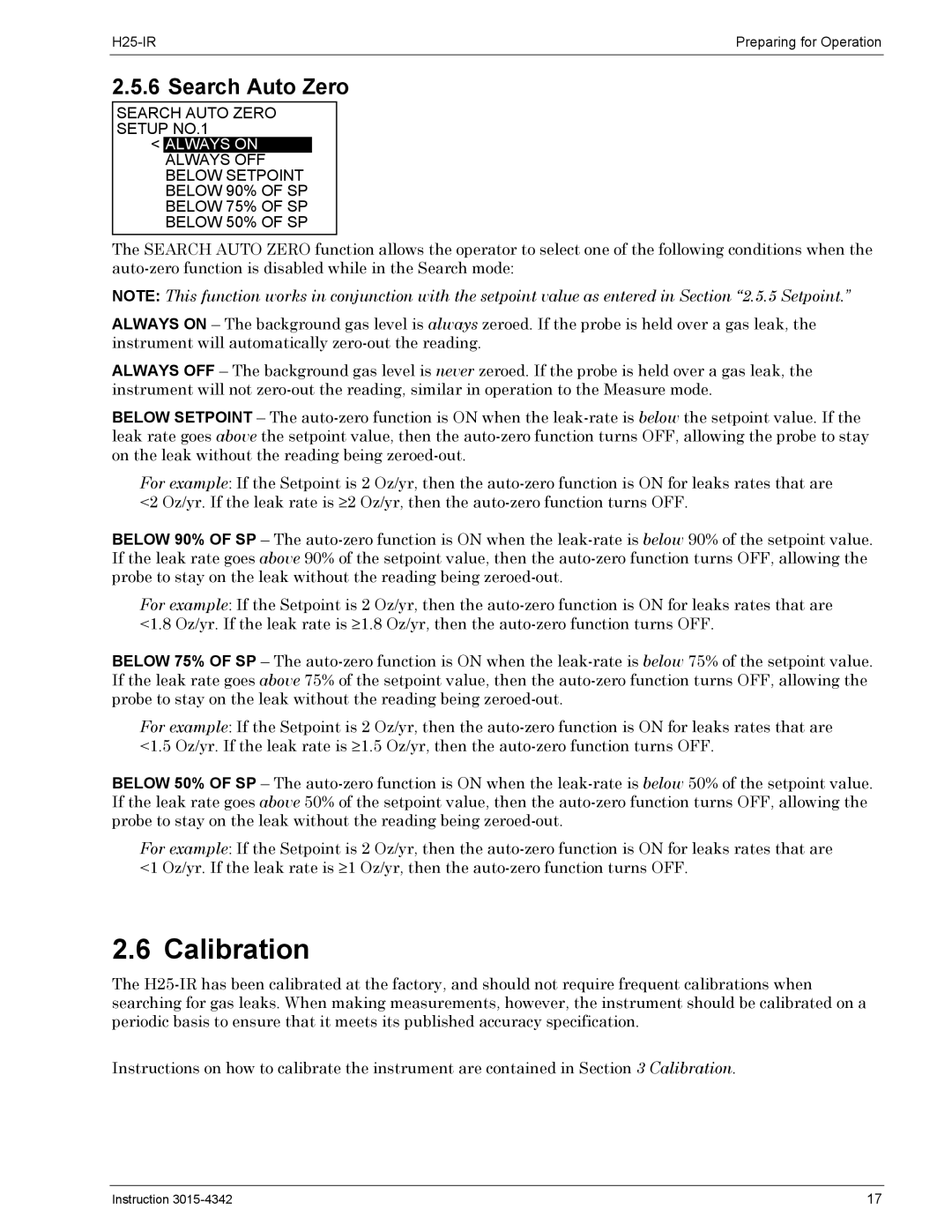 Bacharach H25-IR manual Calibration, Search Auto Zero 