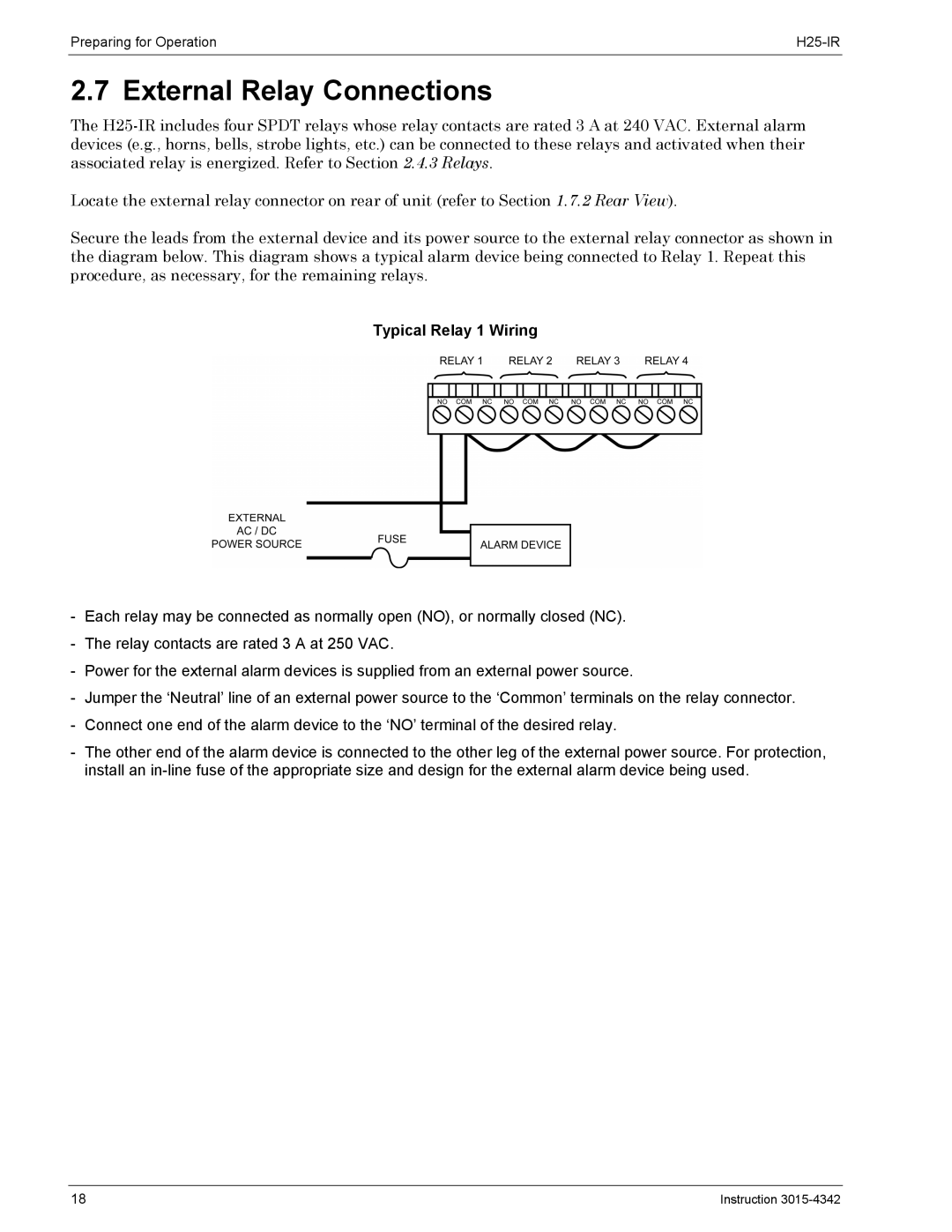 Bacharach H25-IR manual External Relay Connections, Typical Relay 1 Wiring 