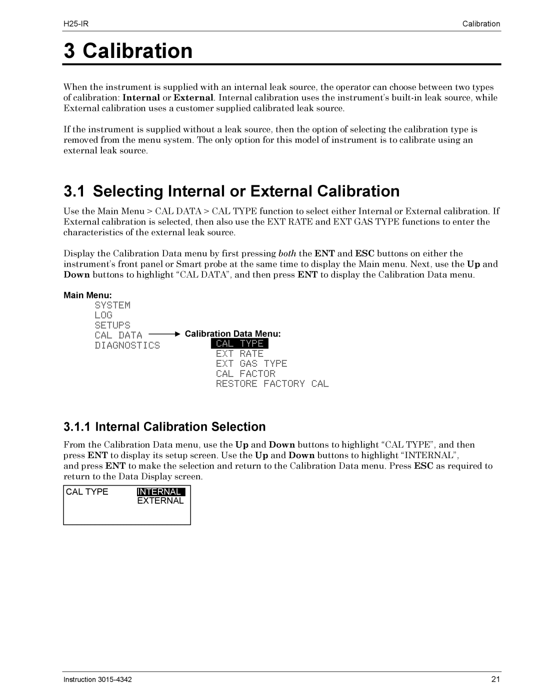 Bacharach H25-IR Selecting Internal or External Calibration, Internal Calibration Selection, Calibration Data Menu 