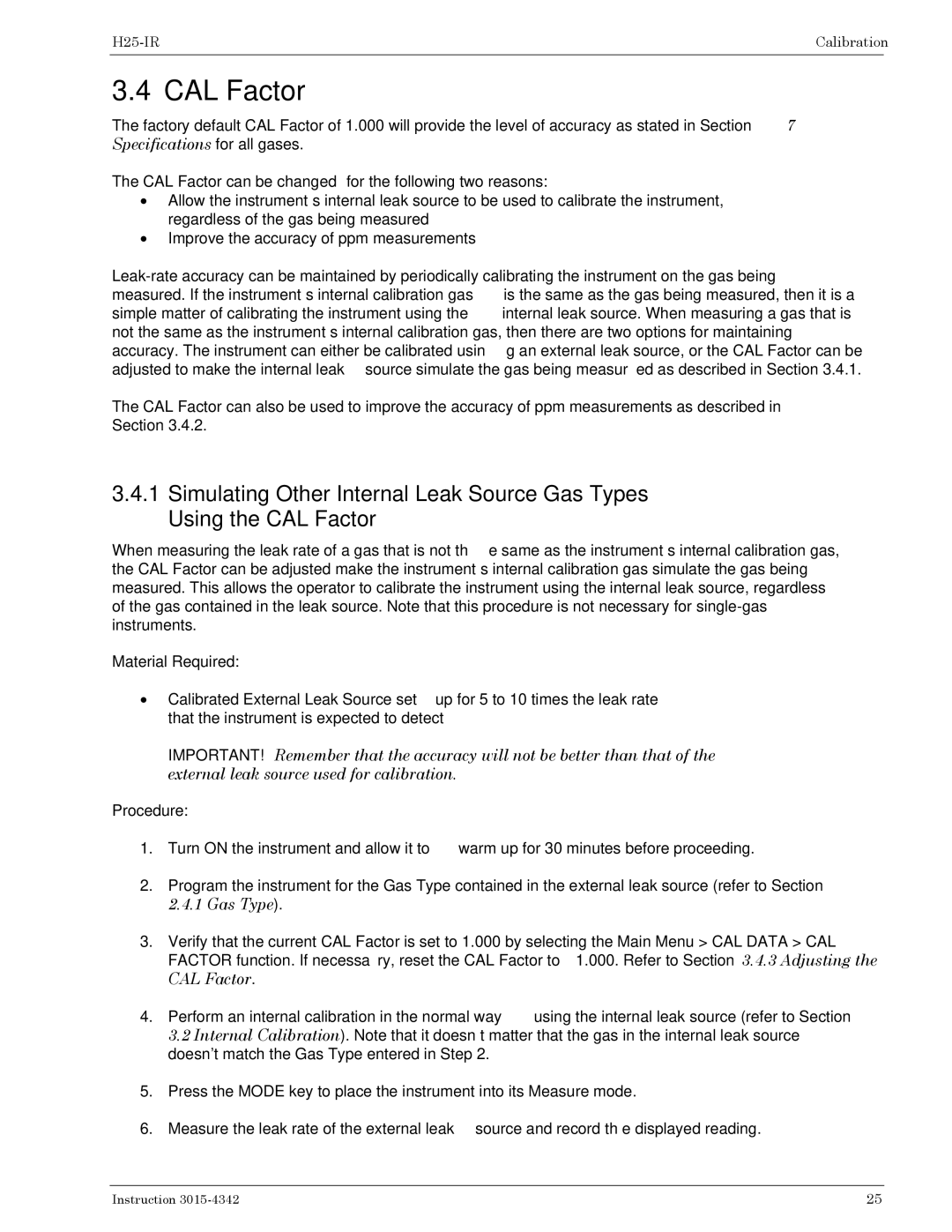 Bacharach H25-IR manual CAL Factor, Material Required, Procedure 