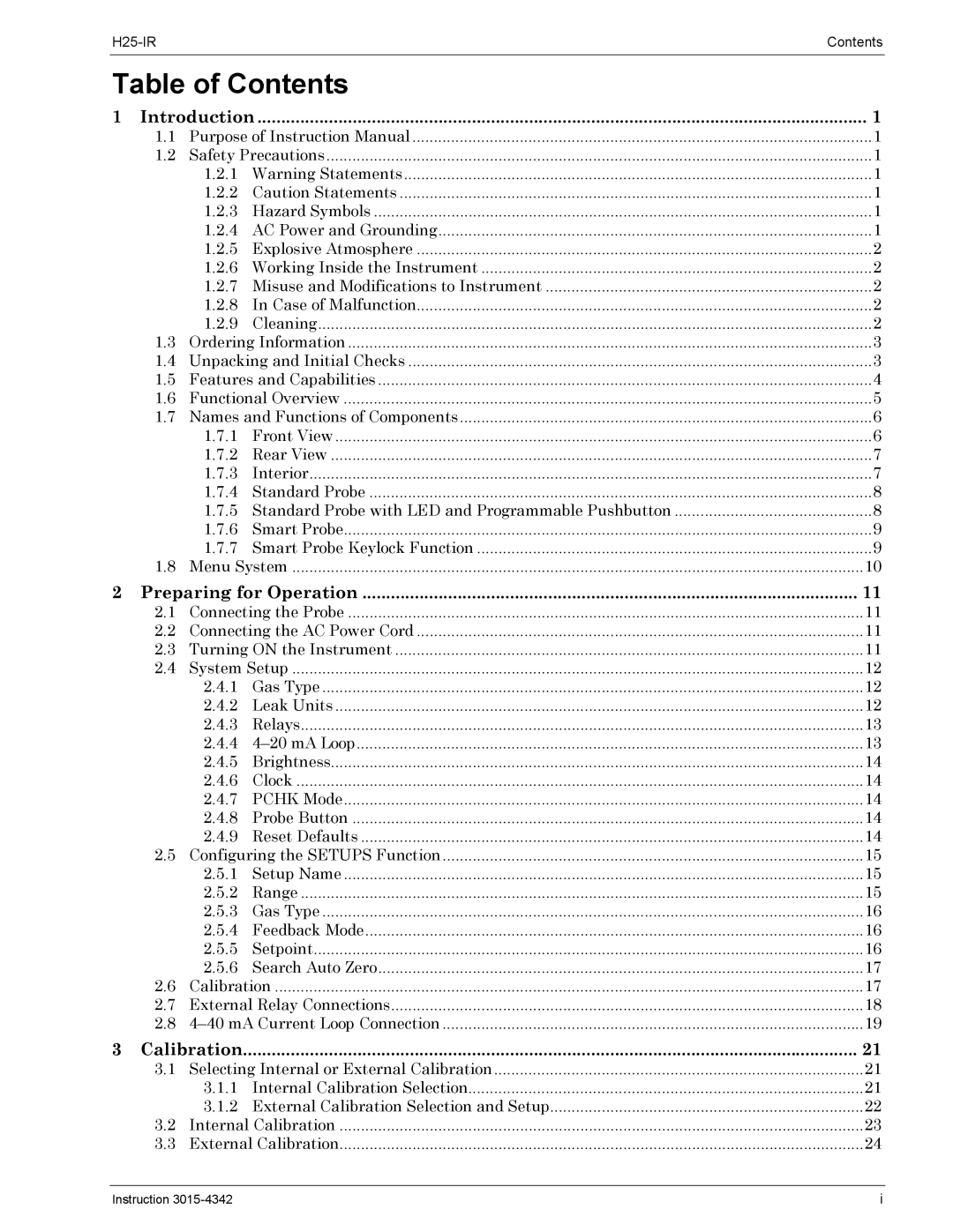 Bacharach H25-IR manual Table of Contents 