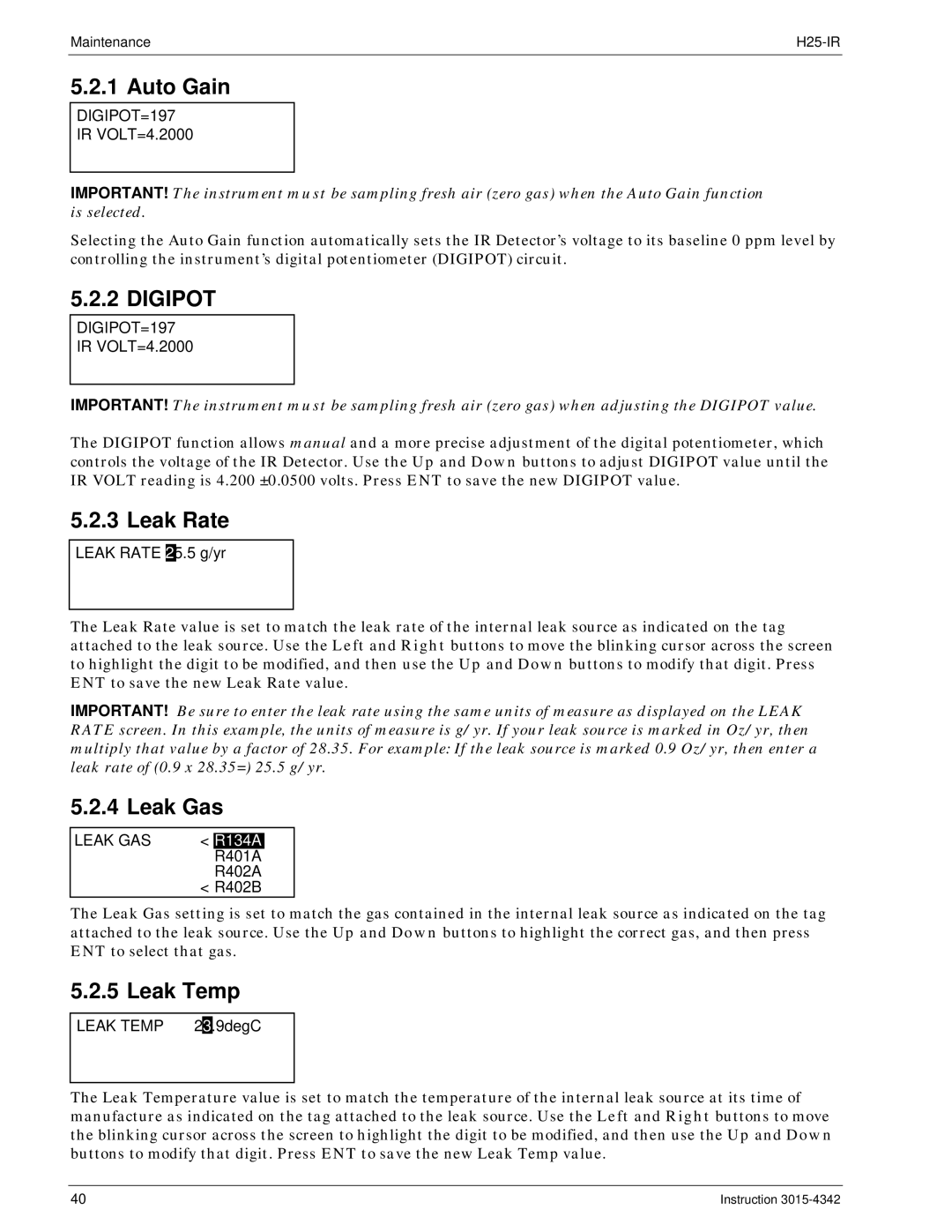 Bacharach H25-IR manual Auto Gain, Leak Rate, Leak Gas, Leak Temp 