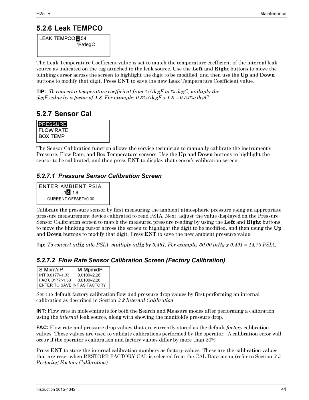 Bacharach H25-IR manual Leak Tempco, Sensor Cal 