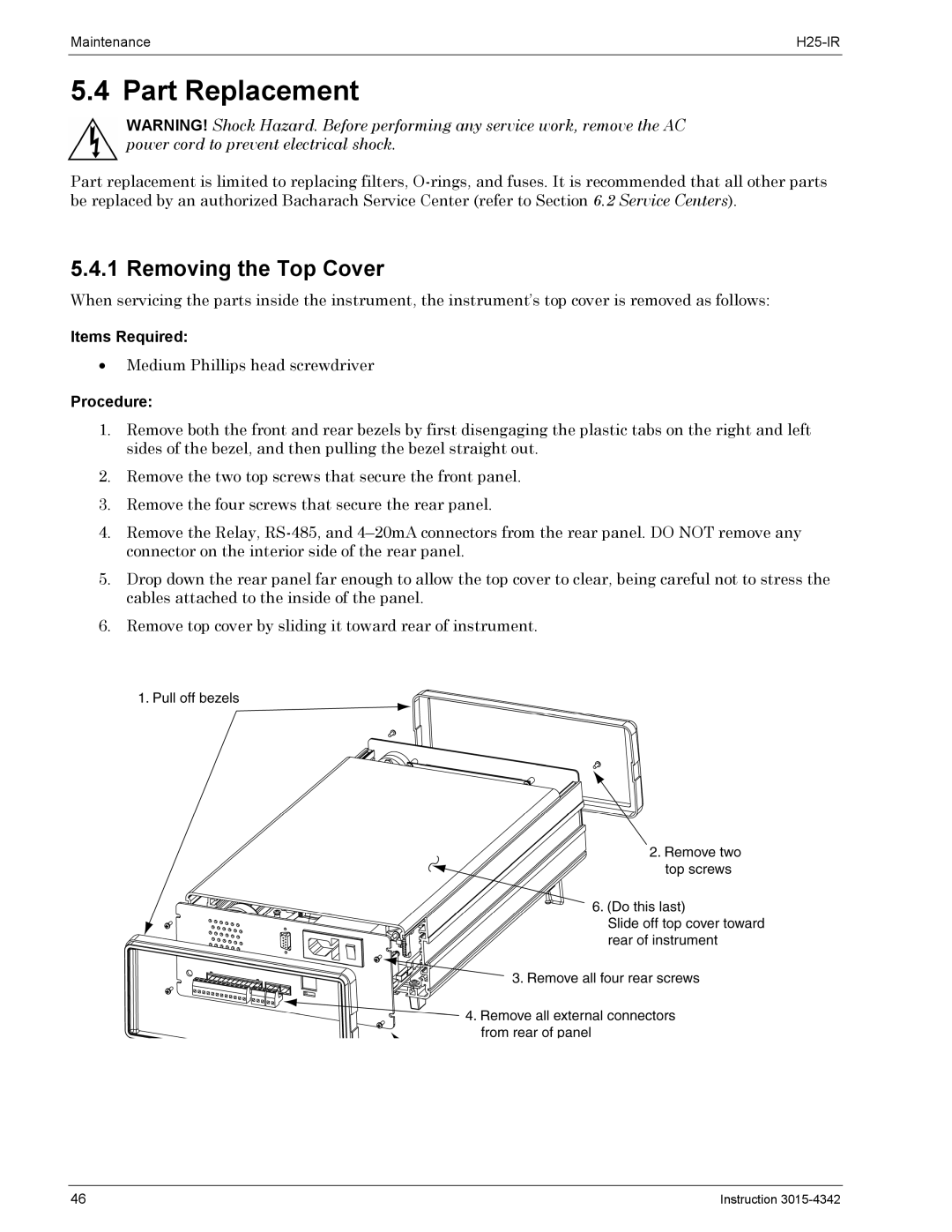 Bacharach H25-IR manual Part Replacement, Removing the Top Cover 