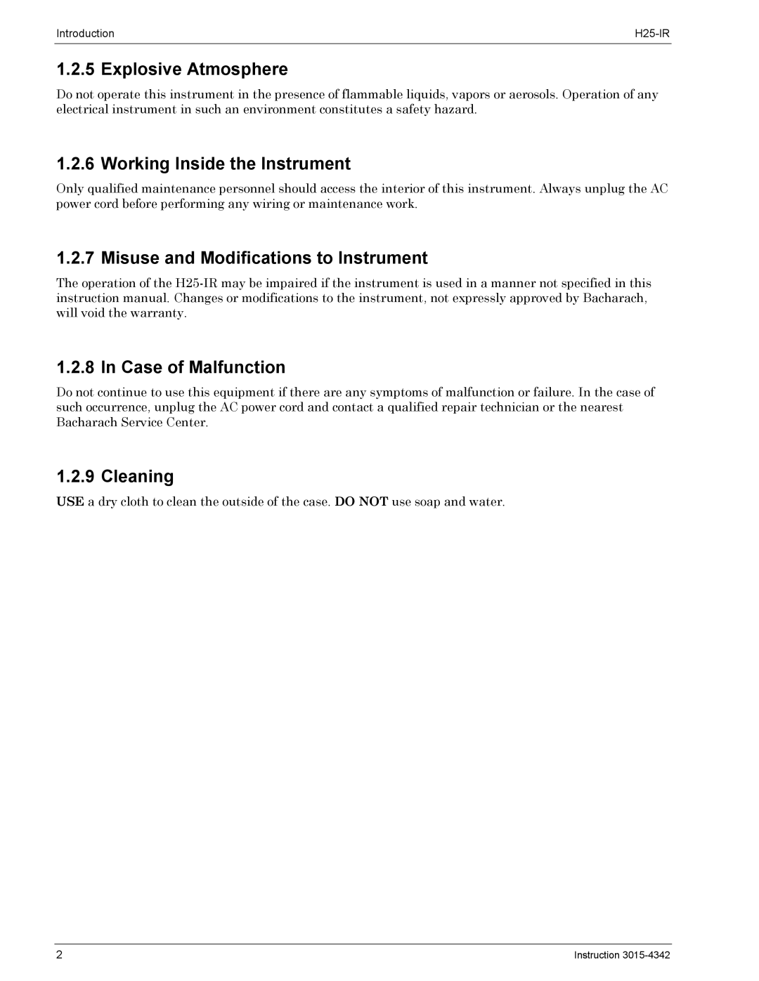 Bacharach H25-IR manual Explosive Atmosphere, Working Inside the Instrument, Cleaning 