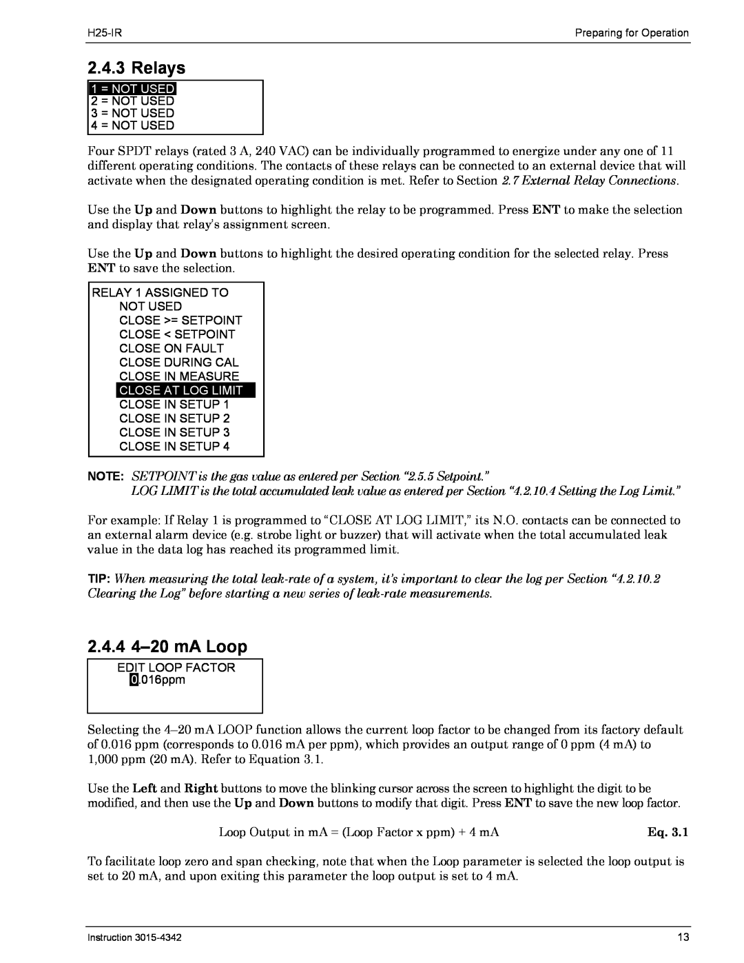 Bacharach H25-IR manual Relays, 2.4.4 4-20mA Loop, 1 = NOT USED, Close At Log Limit 