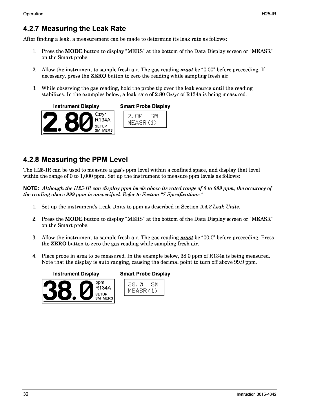 Bacharach H25-IR manual Measuring the Leak Rate, Measuring the PPM Level, 2.80SM MEASR1, 38.0SM MEASR1, R134A 