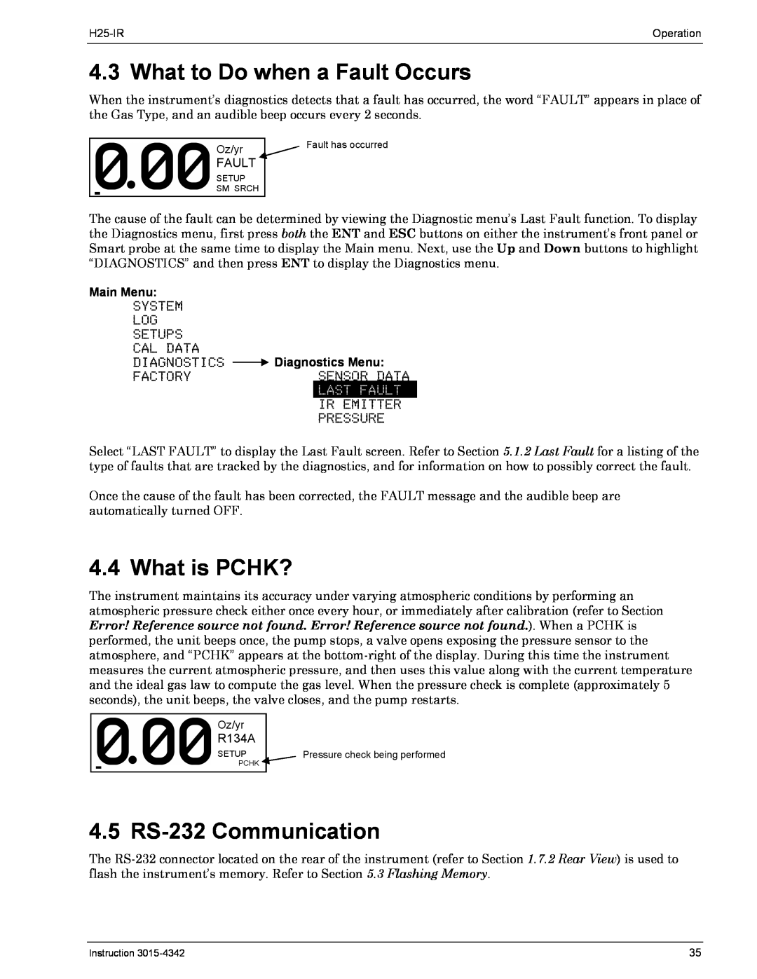 Bacharach H25-IR manual What to Do when a Fault Occurs, What is PCHK?, 4.5 RS-232Communication, Main Menu, Diagnostics Menu 