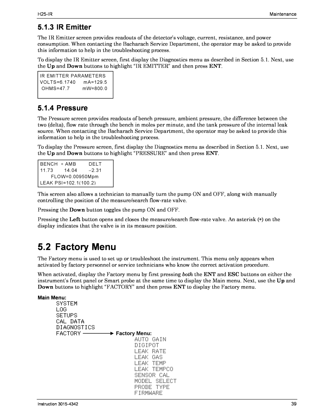 Bacharach H25-IR manual Factory Menu, IR Emitter, Pressure 