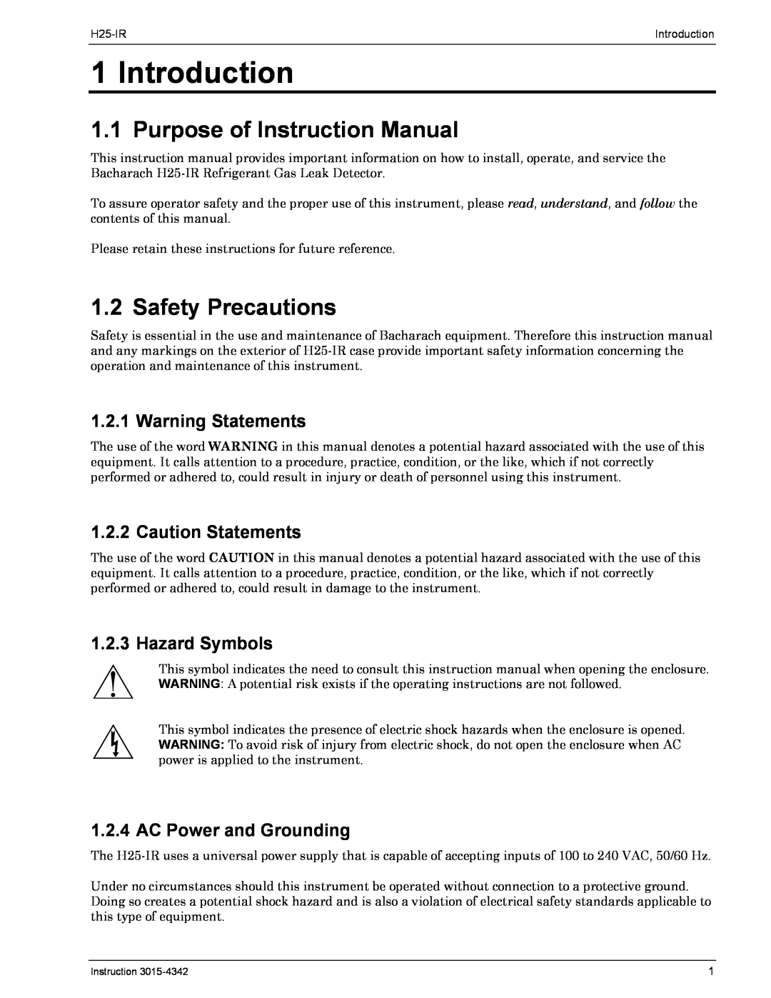 Bacharach H25-IR manual Introduction, Safety Precautions, Warning Statements, Caution Statements, Hazard Symbols 